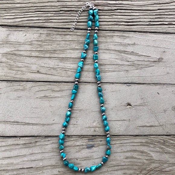 Blue Royston Turquoise Nugget & Sterling Silver Navajo Pearls' Necklace - Picture 6 of 7